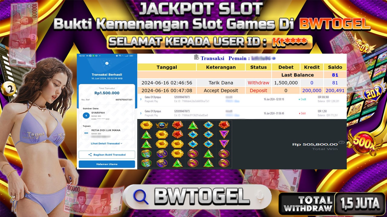 BUKTI JACKPOT SLOT GATES OF OLYMPUS TERPERCAYA DI INDONESIA TGL 16-06-2024