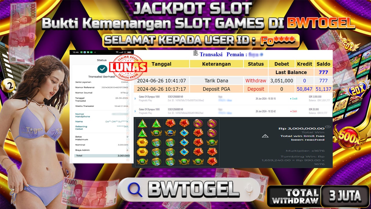 BUKTI JACKPOT SLOT GATES OF OLYMPUS 1000 TERPERCAYA DI INDONESIA TGL 26-06-2024