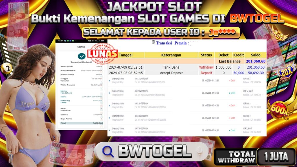 BUKTI JACKPOT SLOT DIAMOND STRIKE TERPERCAYA DI INDONESIA TGL 09-07-2024