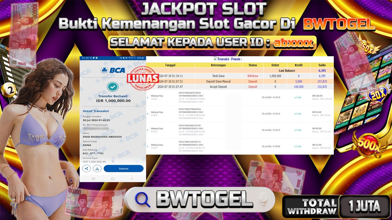 BUKTI JACKPOT SLOT MAHJONG WAYS TERPERCAYA DI INDONESIA TGL 30-07-2024