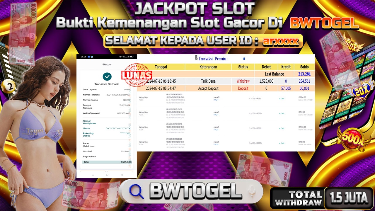 BUKTI JACKPOT SLOT MAHJONG WAYS TERPERCAYA DI INDONESIA TGL 15-07-2024