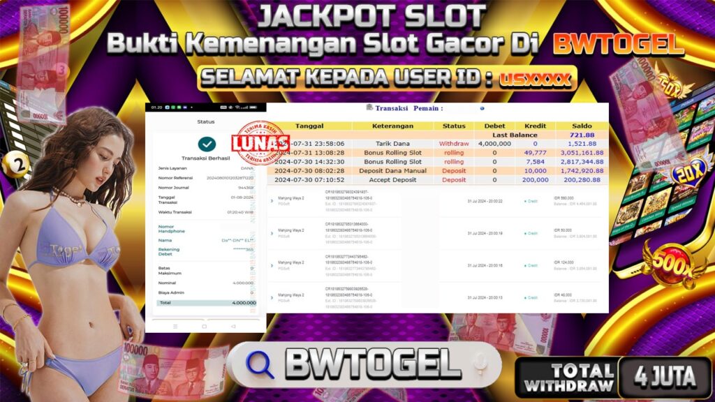 BUKTI JACKPOT SLOT MAHJONG WAYS 2 TERPERCAYA DI INDONESIA TGL 01-08-2024