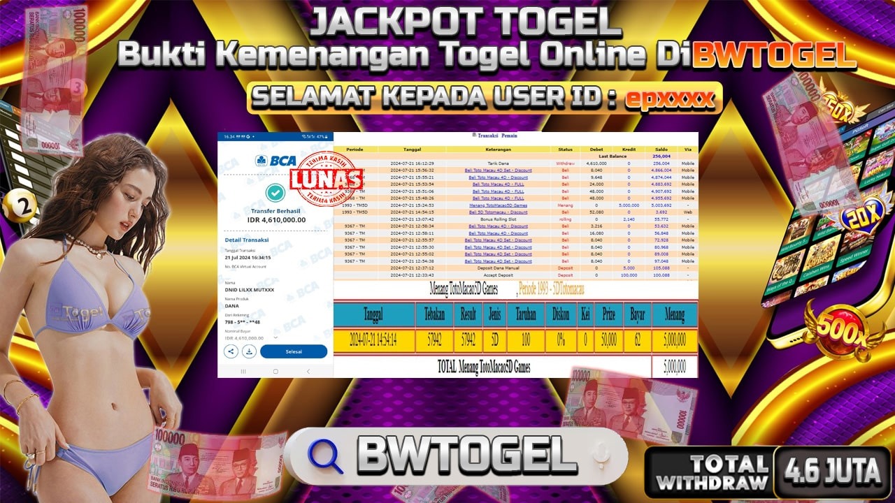 BUKTI JACKPOT TOGEL ONLINE TOTO MACAU TERPERCAYA DI INDONESIA TGL 21-07-2024