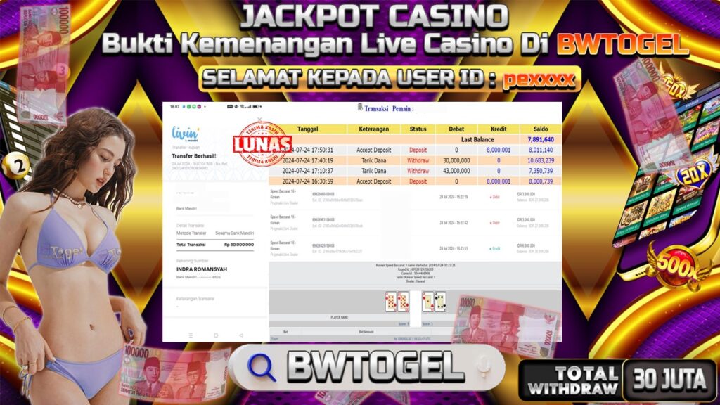 BUKTI JACKPOT LIVE CASINO SEPED BACCARAT 16 – KOREAN TERPERCAYA DI INDONESIA TGL 24-07-2024