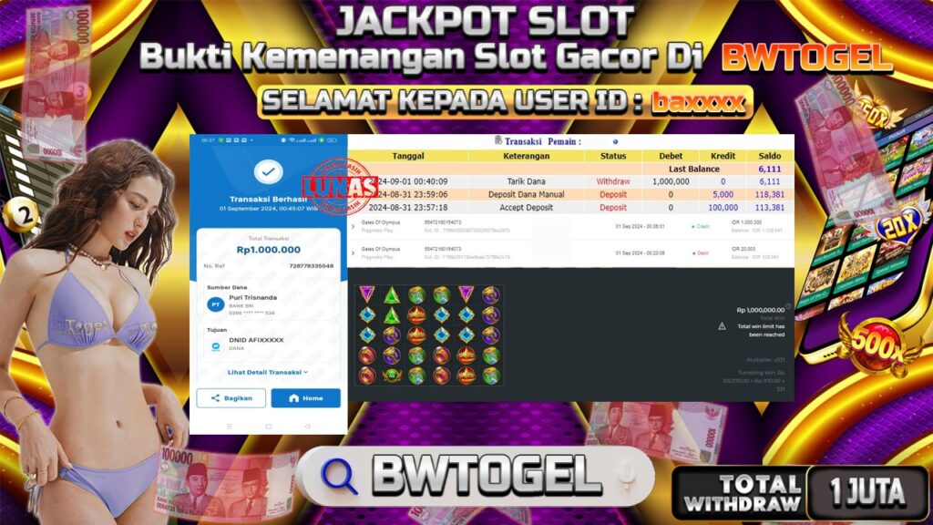 BUKTI JACKPOT SLOT GATES OF OLYMPUS TERPERCAYA DI INDONESIA TGL 01-09-2024