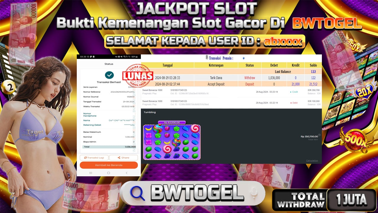 BUKTI JACKPOT SLOT SWEET BONANZA 1000 TERPERCAYA DI INDONESIA TGL 29-08-2024