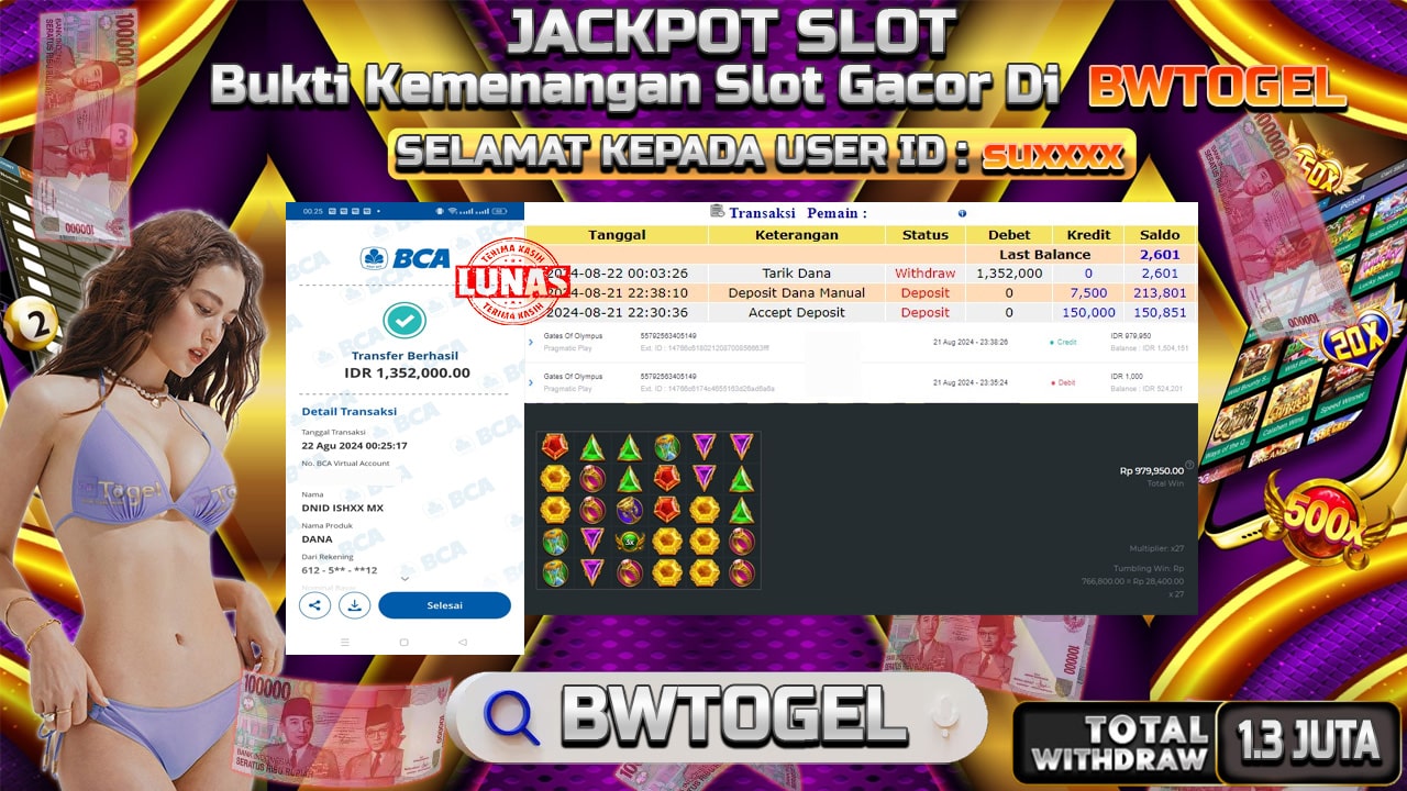 BUKTI JACKPOT SLOT GATES OF OLYMPUS TERPERCAYA DI INDONESIA TGL 22-08-2024