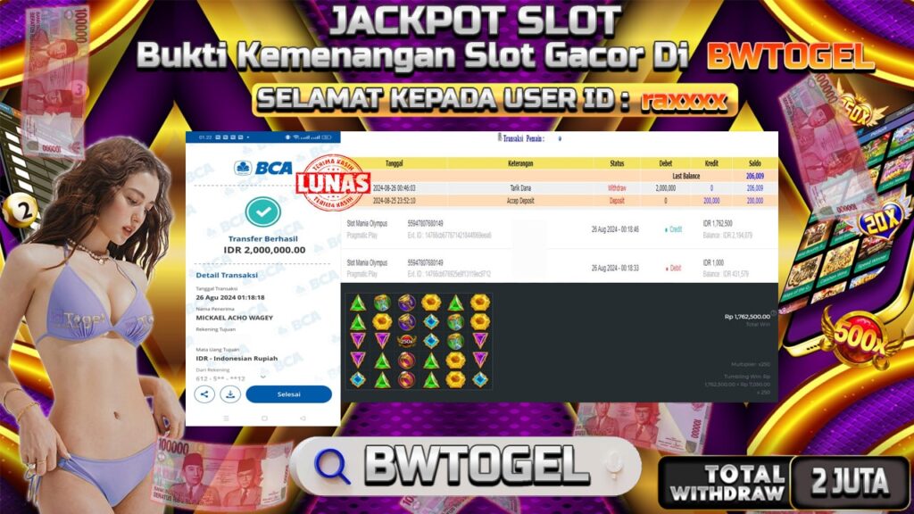 BUKTI JACKPOT SLOT MANIA OLYMPUS TERPERCAYA DI INDONESIA TGL 26-08-2024