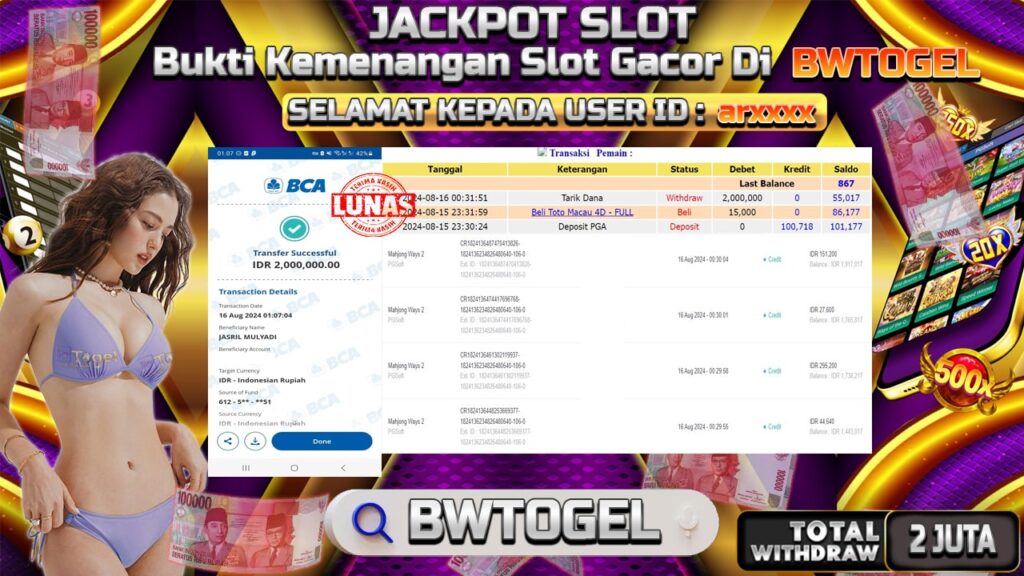 BUKTI JACKPOT SLOT MAHJONG WAYS 2 TERPERCAYA DI INDONESIA TGL 16-08-2024