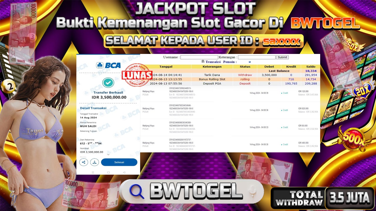 BUKTI JACKPOT SLOT MAHJONG WAYS TERPERCAYA DI INDONESIA TGL 14-08-2024