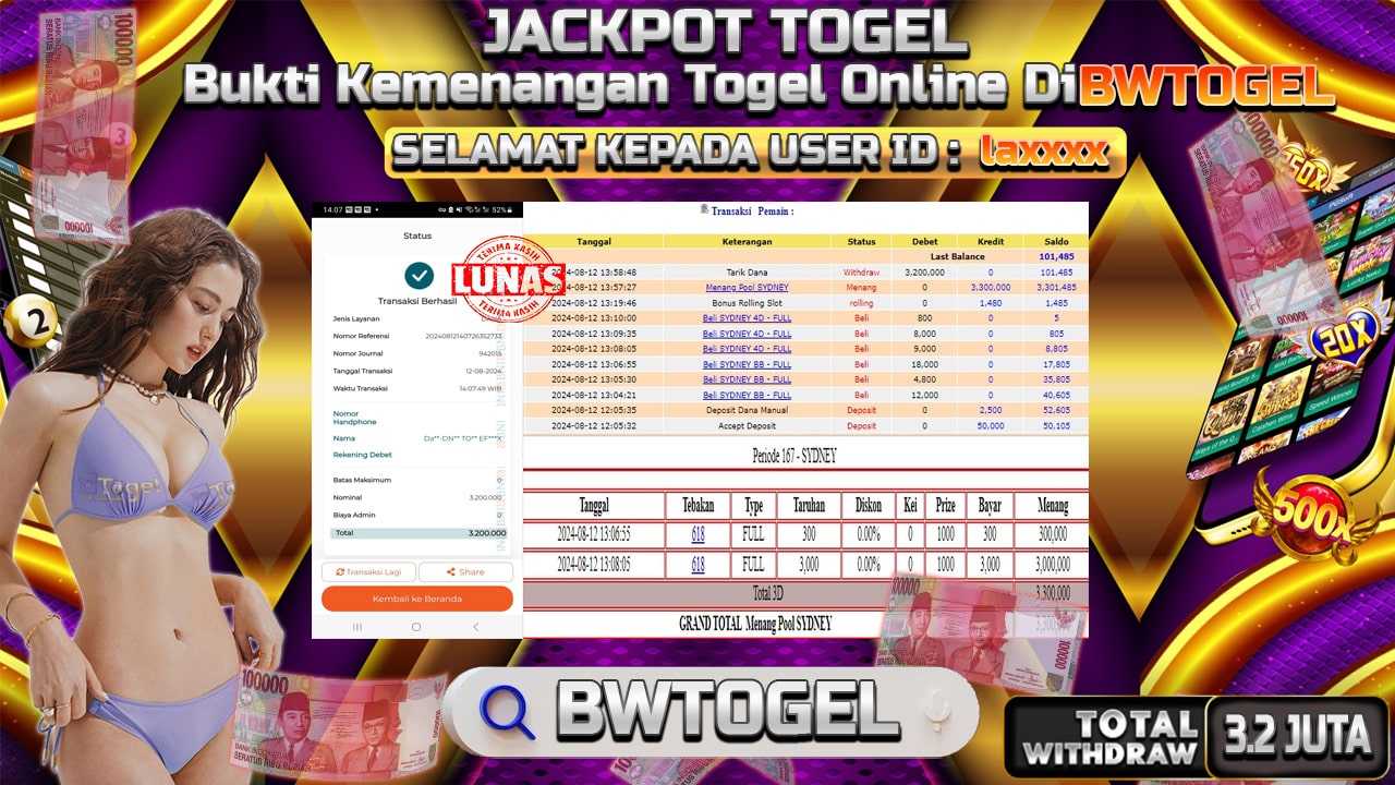 BUKTI JACKPOT TOGEL ONLINE POOL SYDNEY TERPERCAYA DI INDONESIA TGL 12-08-2024