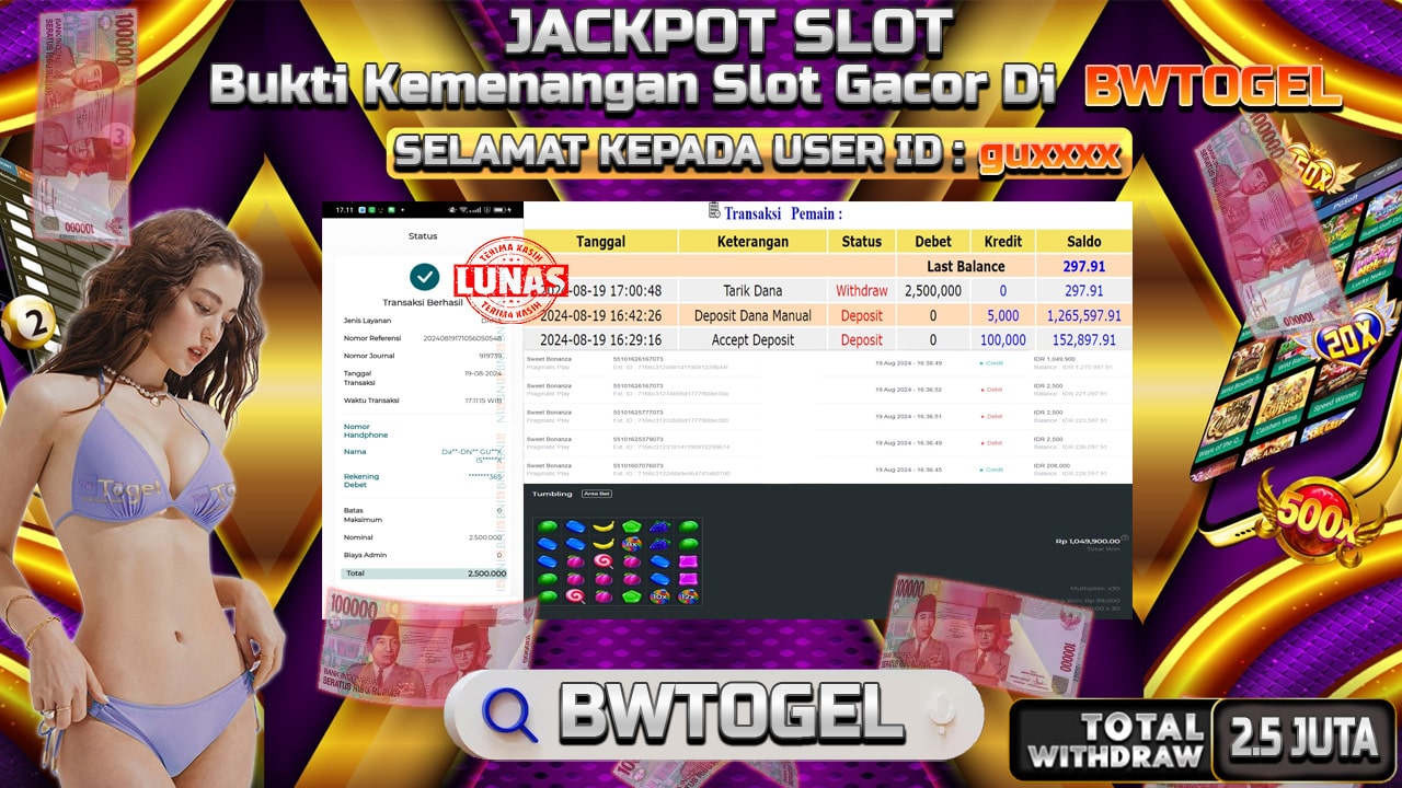 BUKTI JACKPOT SLOT SWEET BONANZA TERPERCAYA DI INDONESIA TGL 19-08-2024