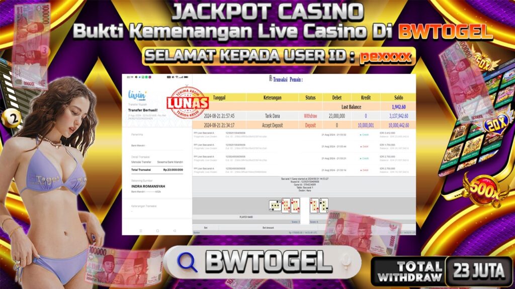 BUKTI JACKPOT LIVE CASINO BACCARAT A TERPERCAYA DI INDONESIA TGL 21-08-2024