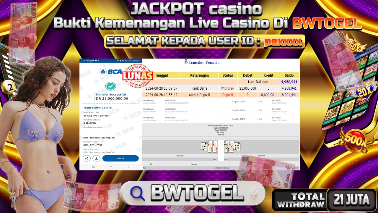 BUKTI JACKPOT LIVE CASINO BACCARAT A TERPERCAYA DI INDONESIA TGL 28-08-2024