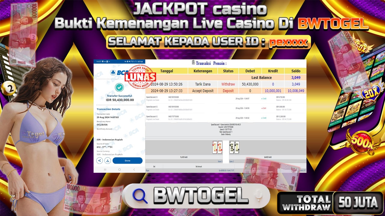 BUKTI JACKPOT LIVE CASINO BACCARAT 12 TERPERCAYA DI INDONESIA TGL 24-08-2024