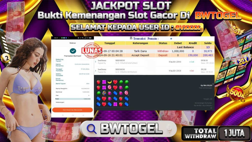 BUKTI JACKPOT SLOT SWEET BONANZA TERPERCAYA DI INDONESIA TGL 17-09-2024