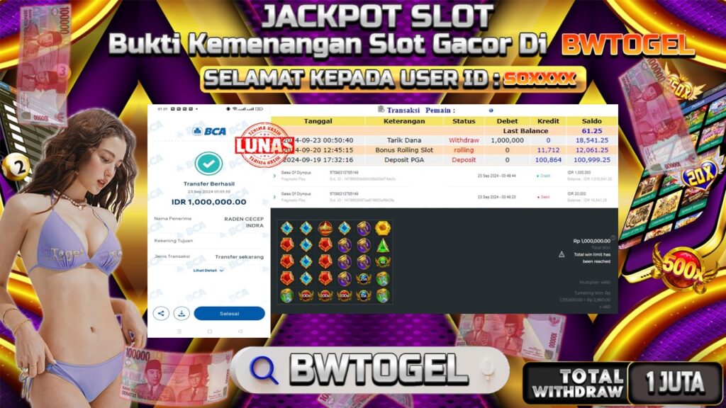 BUKTI JACKPOT SLOT GATES OF OLYMPUS TERPERCAYA DI INDONESIA TGL 23-09-2024