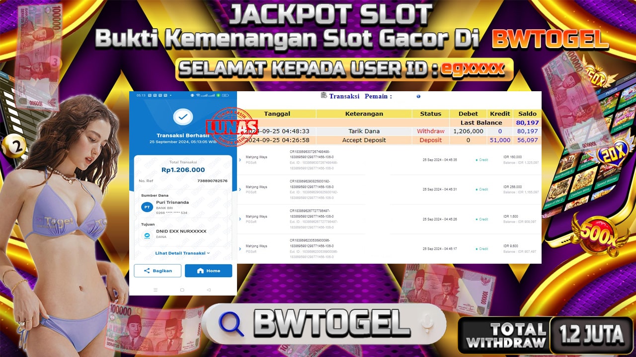 BUKTI JACKPOT SLOT MAHJONG WAYS TERPERCAYA DI INDONESIA TGL 25-09-2024