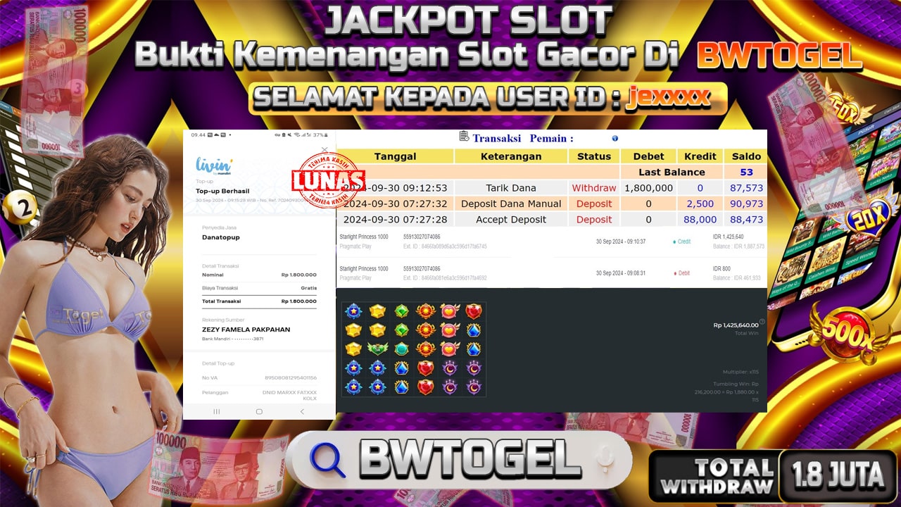 BUKTI JACKPOT SLOT STARLIGHT PRINCESS 1000 TERPERCAYA DI INDONESIA TGL 30-09-2024