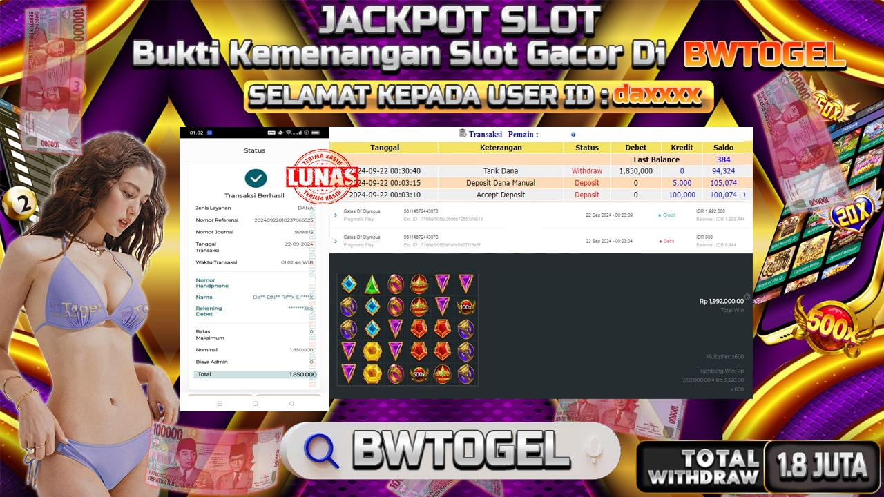 BUKTI JACKPOT SLOT GATES OF OLYMPUS TERPERCAYA DI INDONESIA TGL 22-09-2024