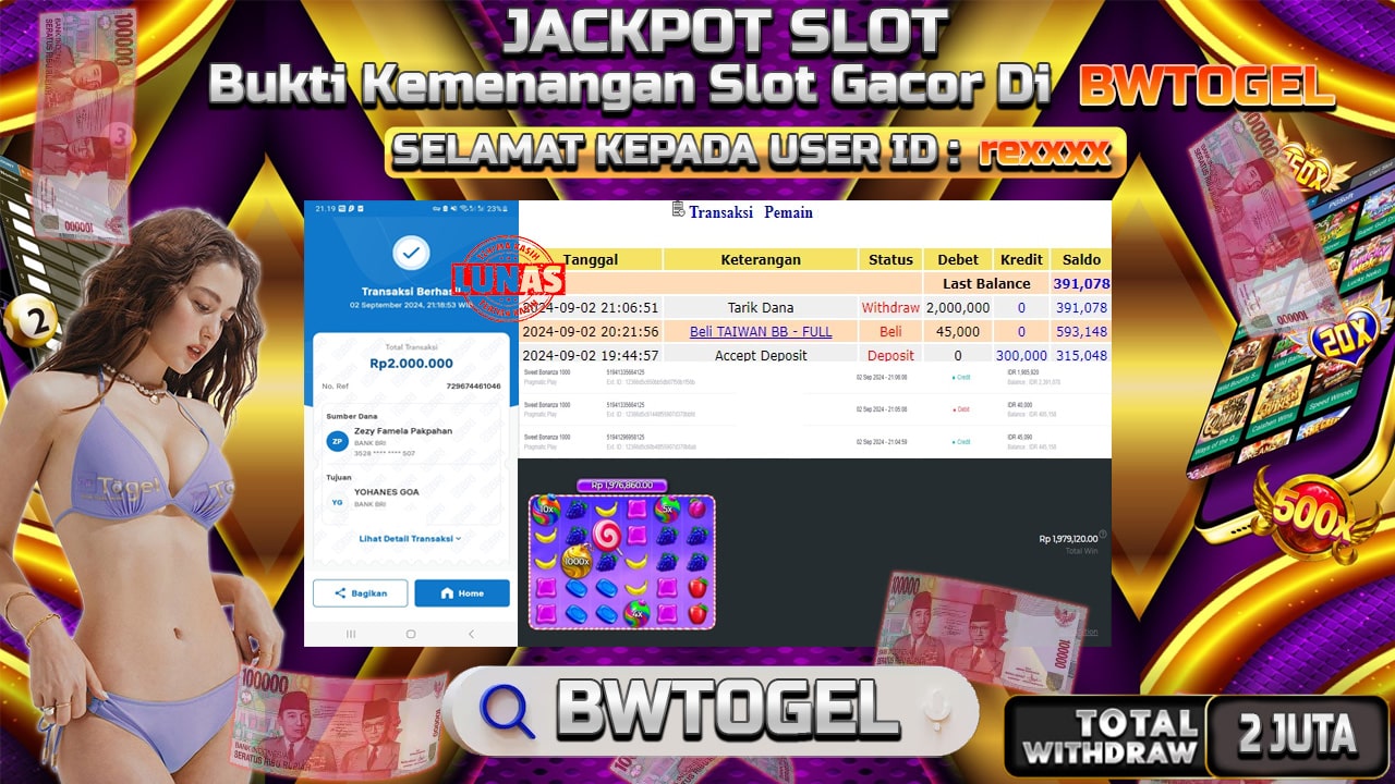 BUKTI JACKPOT SLOT SWEET BONANZA 1000 TERPERCAYA DI INDONESIA TGL 02-09-2024