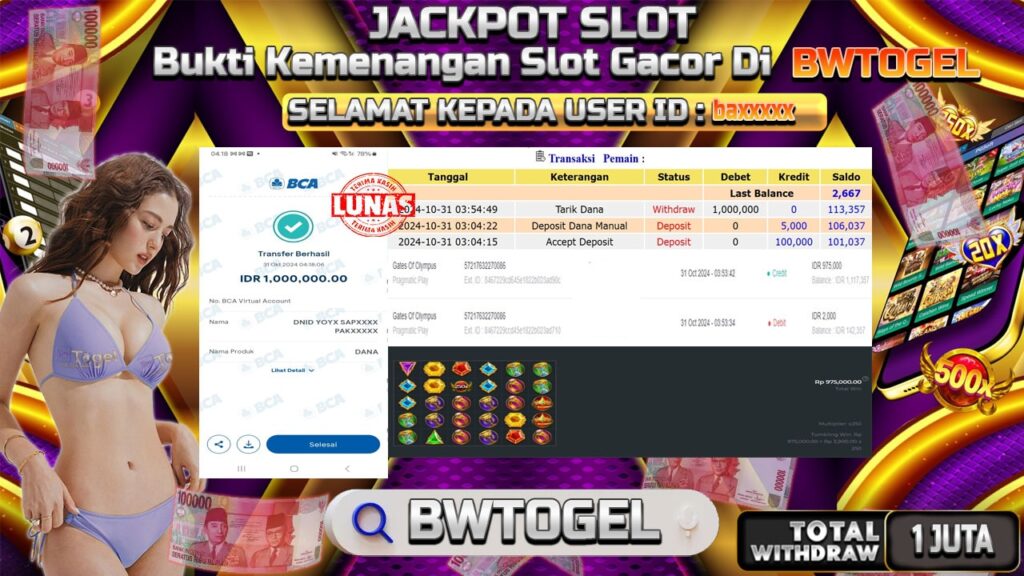 BUKTI JACKPOT SLOT GATES OF OLYMPUS TERPERCAYA DI INDONESIA TGL 31-10-2024