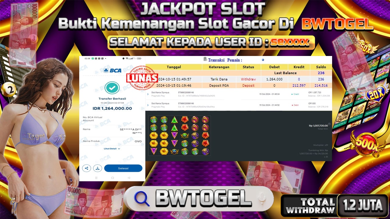 BUKTI JACKPOT SLOT MANIA OLYMPUS TERPERCAYA DI INDONESIA TGL 15-10-2024