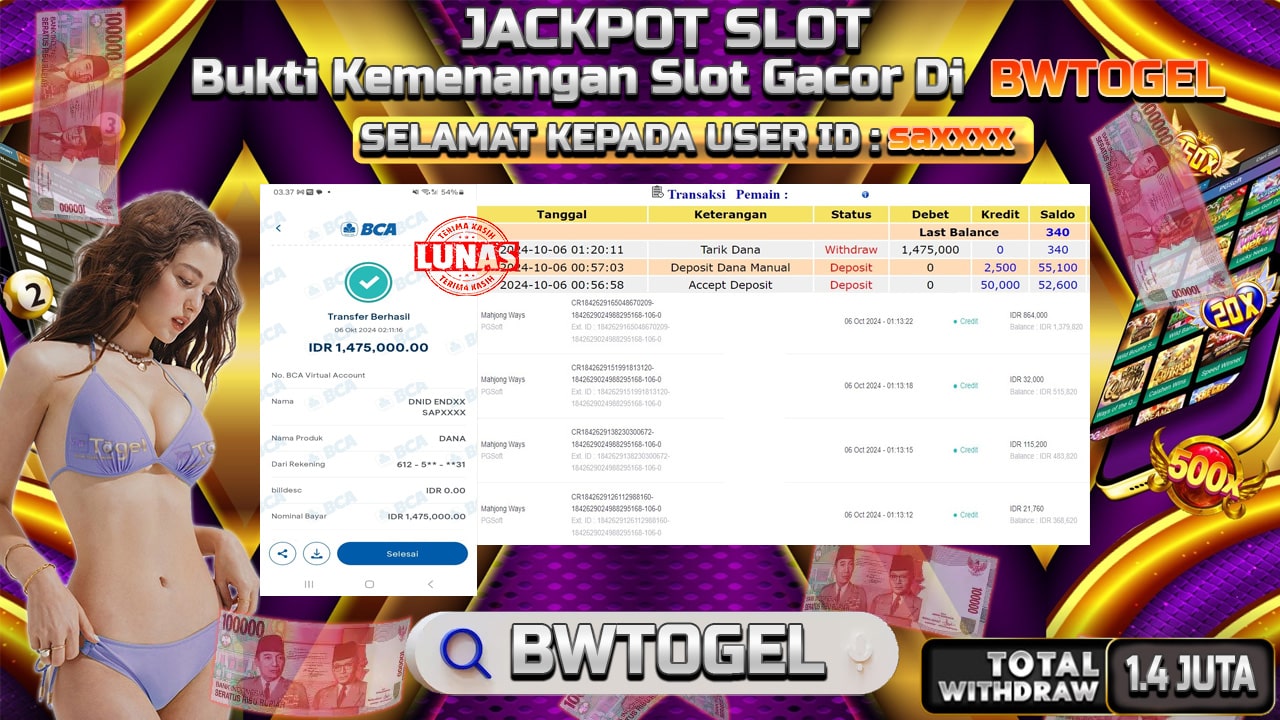 BUKTI JACKPOT SLOT MAHJONG WAYS TERPERCAYA DI INDONESIA TGL 06-10-2024