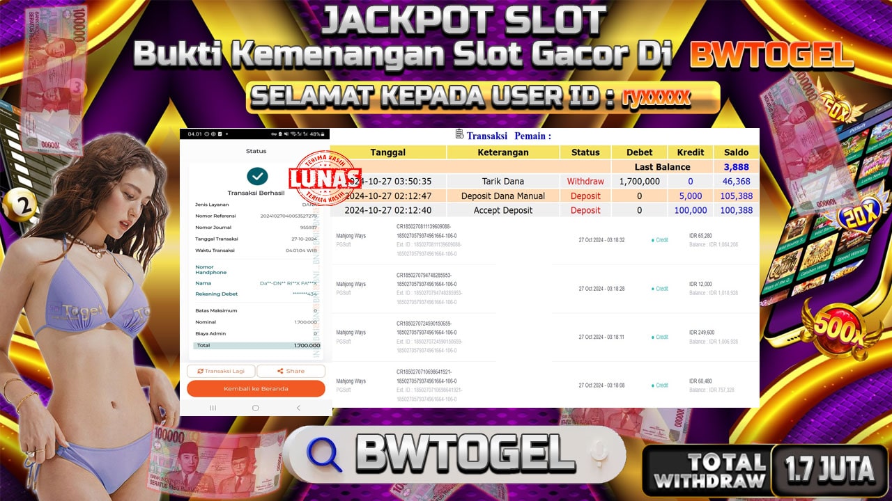 BUKTI JACKPOT SLOT MAHJONG WAYS TERPERCAYA DI INDONESIA TGL 27-10-2024