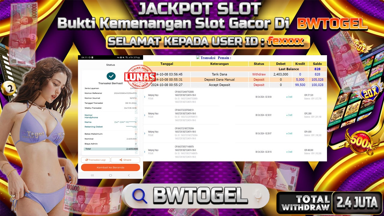 BUKTI JACKPOT SLOT MAHJONG WAYS TERPERCAYA DI INDONESIA TGL 08-10-2024