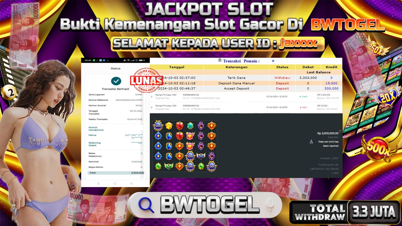 BUKTI JACKPOT SLOT STARLIGHT PRINCESS 1000 TERPERCAYA DI INDONESIA TGL 03-10-2024