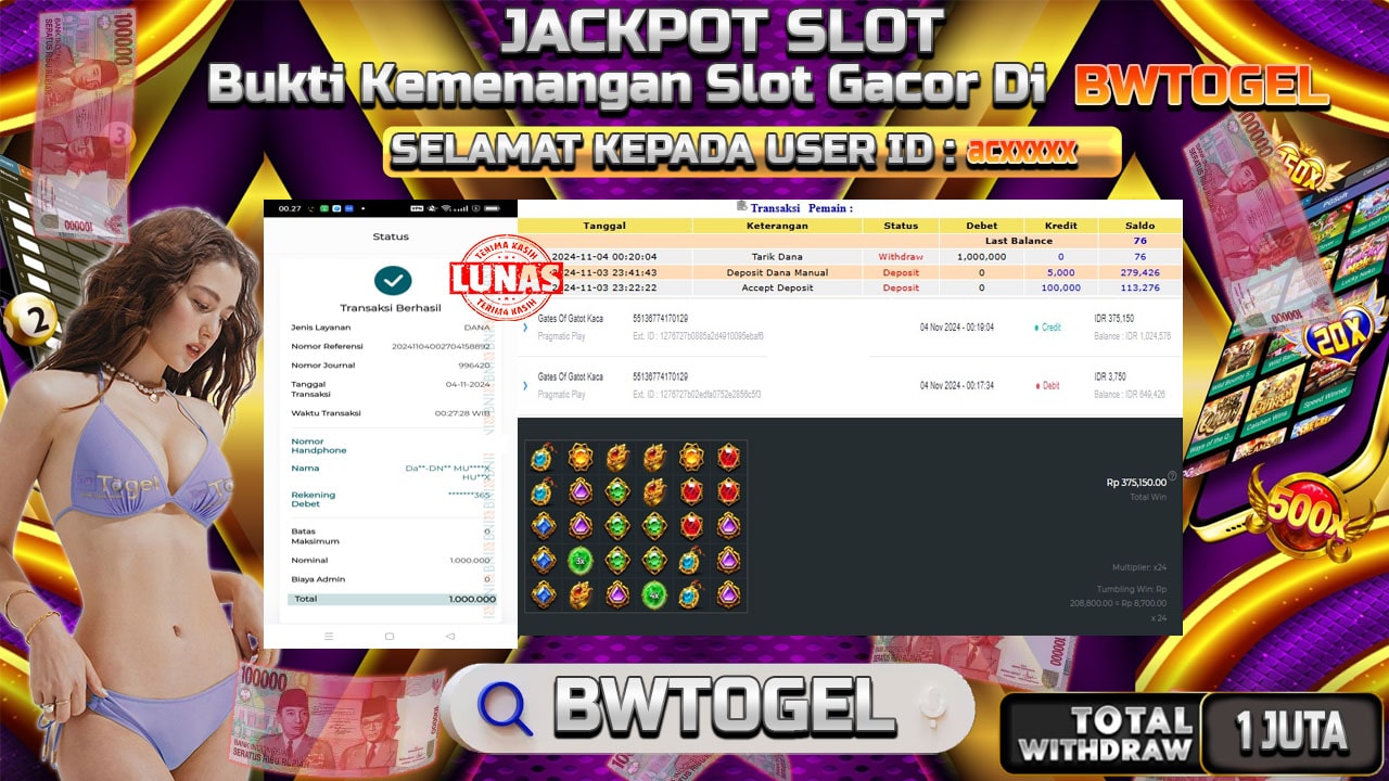 BUKTI JACKPOT SLOT GATES OF GATOT KACA TERPERCAYA DI INDONESIA TGL 04-11-2024