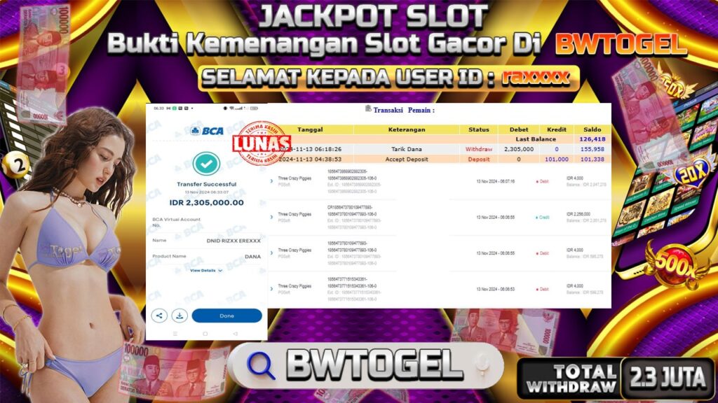 BUKTI JACKPOT SLOT THREE CRAZY PIGGIES TERPERCAYA DI INDONESIA TGL 13-11-2024