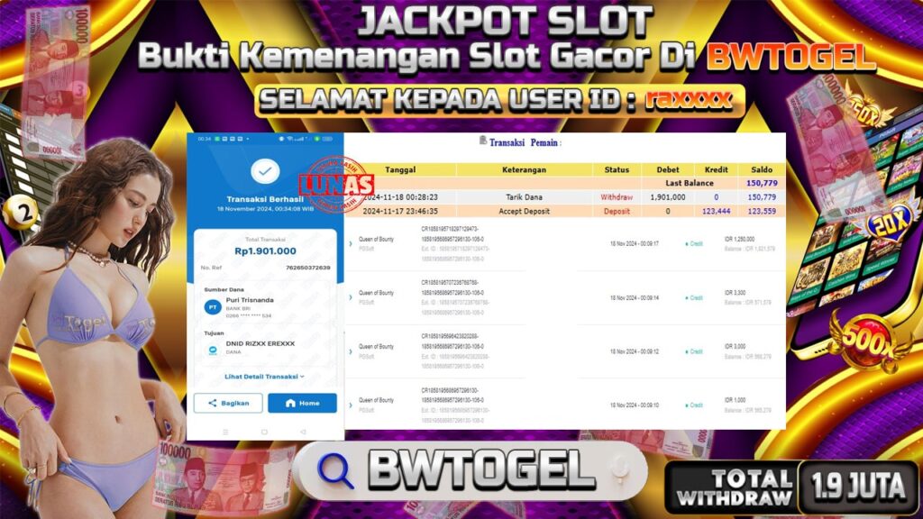 BUKTI JACKPOT SLOT QUEEN OF BOUNTY TERPERCAYA DI INDONESIA TGL 18-11-2024