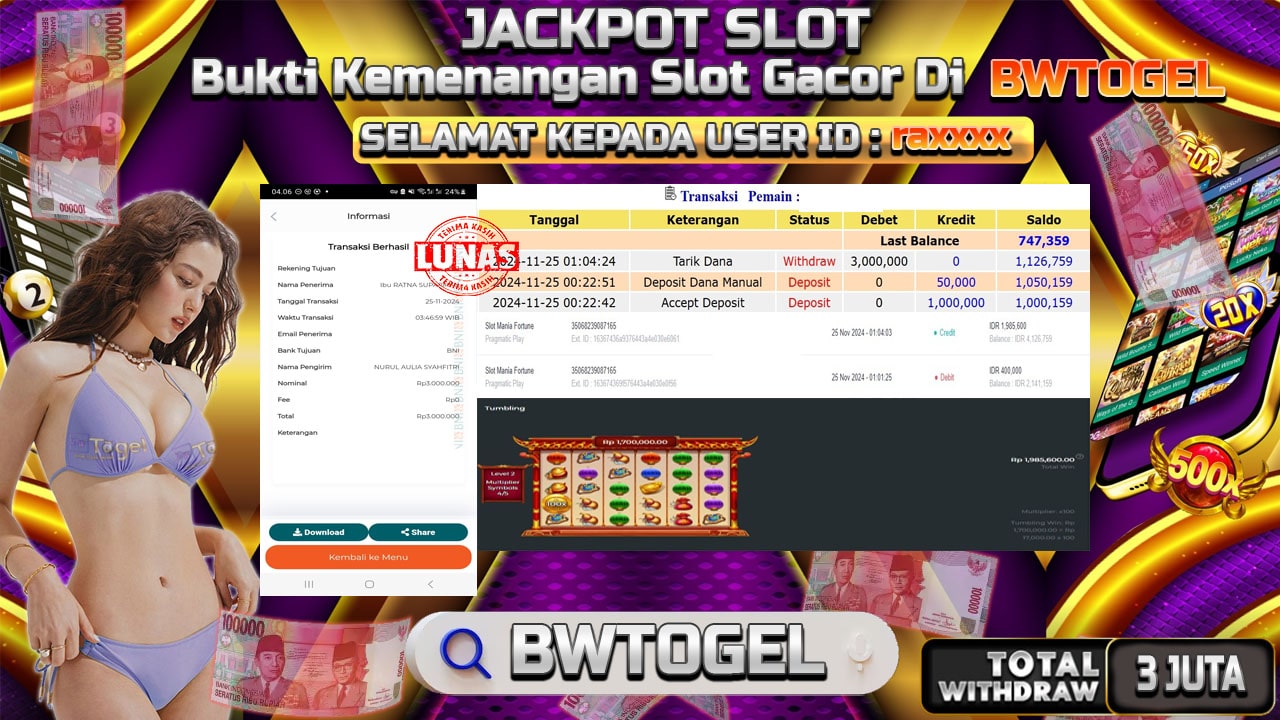 BUKTI JACKPOT SLOT MANIA FORTUNE TERPERCAYA DI INDONESIA TGL 25-11-2024