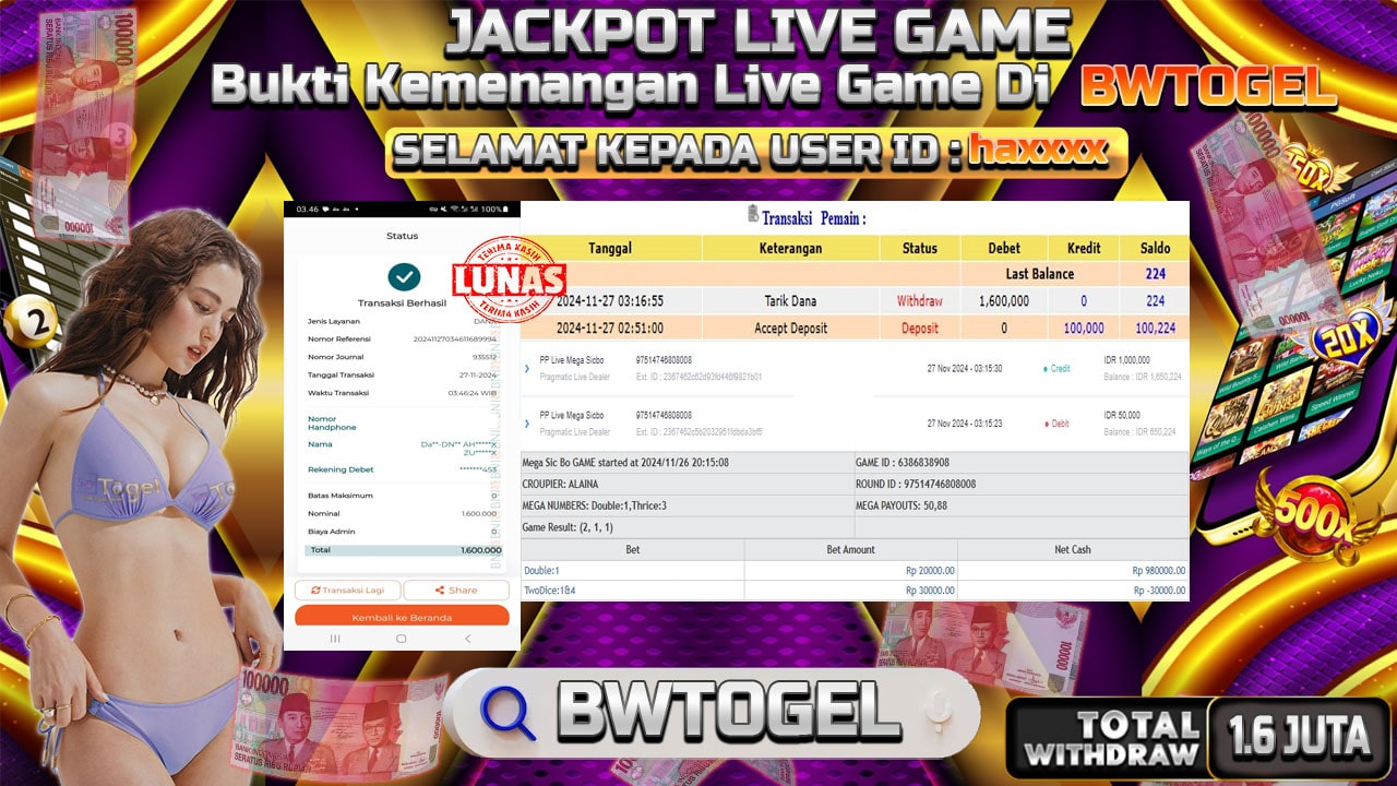 BUKTI JACKPOT PP LIVE GAME MEGA SICBO TERPERCAYA DI INDONESIA TGL 27-11-2024