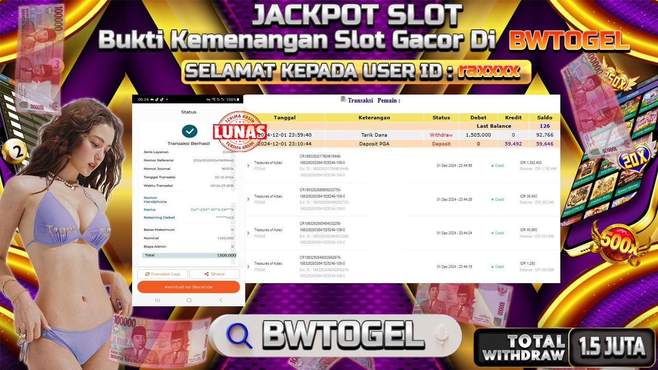 BUKTI JACKPOT SLOT TREASURE OF AZTEC TERPERCAYA DI INDONESIA TGL 02-12-2024