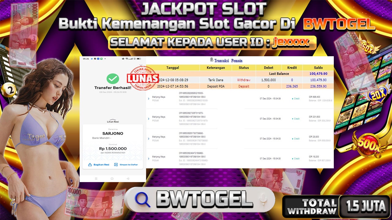 BUKTI JACKPOT SLOT MAHJONG WAYS TERPERCAYA DI INDONESIA TGL 08-12-2024