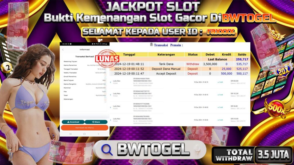 BUKTI JACKPOT SLOT LUCKY NEKO TERPERCAYA DI INDONESIA TGL 19-12-2024