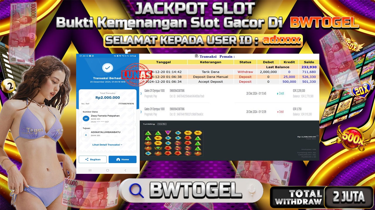 BUKTI JACKPOT SLOT GATES OF OLYMPUS 1000 TERPERCAYA DI INDONESIA TGL 20-12-2024