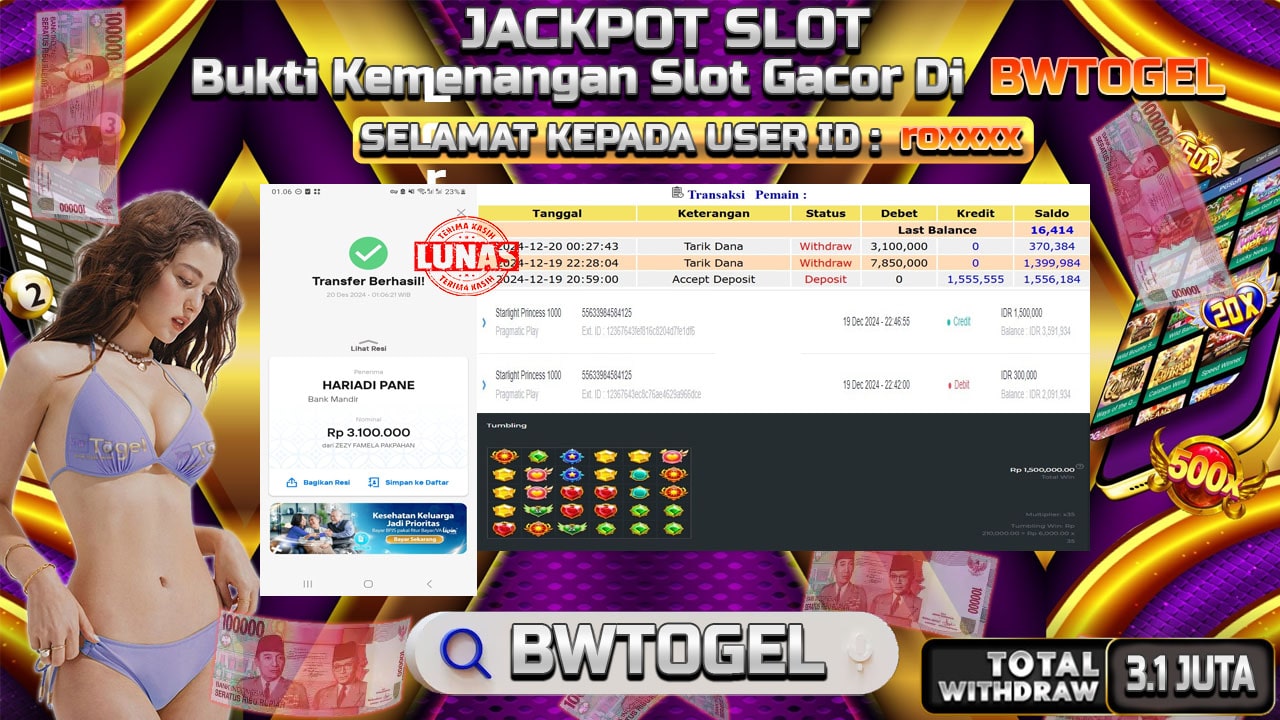 BUKTI JACKPOT SLOT STARLIGHT PRINCESS 1000 TERPERCAYA DI INDONESIA TGL 20-12-2024