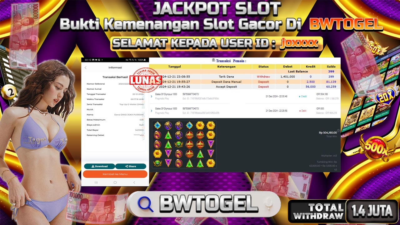 BUKTI JACKPOT SLOT GATES OF OLYMPUS 1000 TERPERCAYA DI INDONESIA TGL 22-12-2024