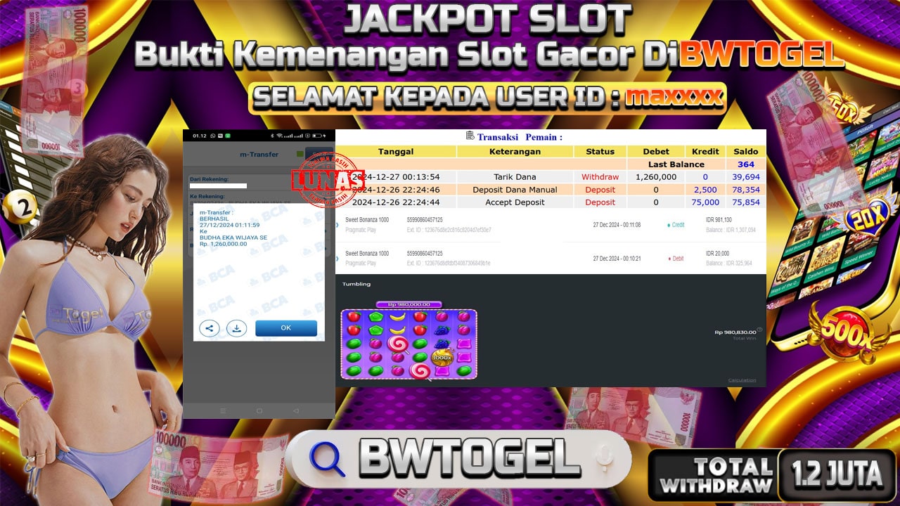 BUKTI JACKPOT SLOT SWEET BONANZA 1000 TERPERCAYA DI INDONESIA TGL 27-12-2024