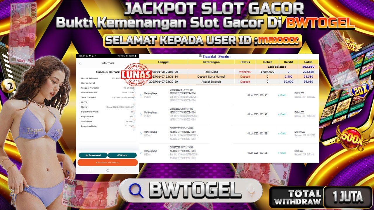 BUKTI JACKPOT SLOT MAHJONG WAYS TERPERCAYA DI INDONESIA TGL 08-01-2025