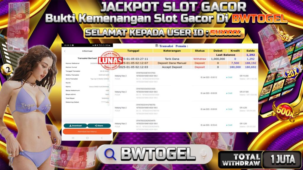 BUKTI JACKPOT SLOT MAHJONG WAYS 2 TERPERCAYA DI INDONESIA TGL 05-01-2025