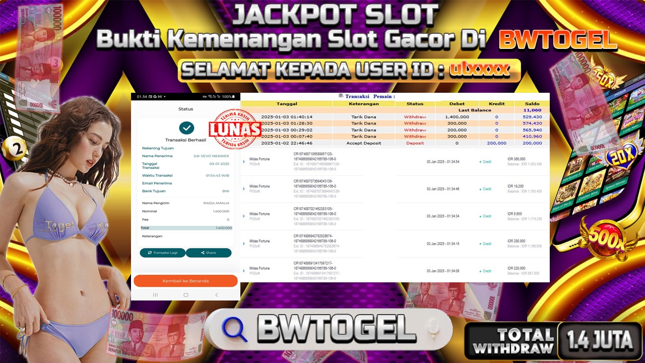 BUKTI JACKPOT SLOT MIDAS FORTUNE TERPERCAYA DI INDONESIA TGL 03-01-2025