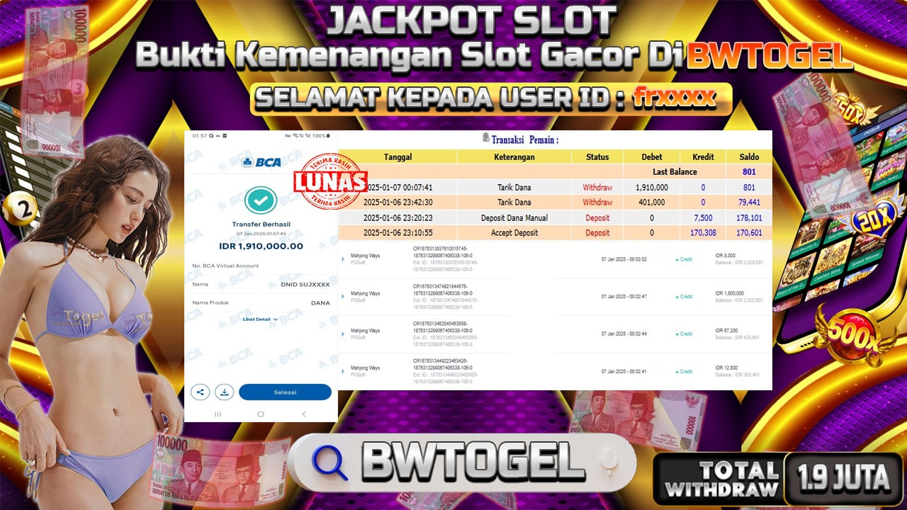 BUKTI JACKPOT SLOT MAHJONG WAYS TERPERCAYA DI INDONESIA TGL 07-01-2025