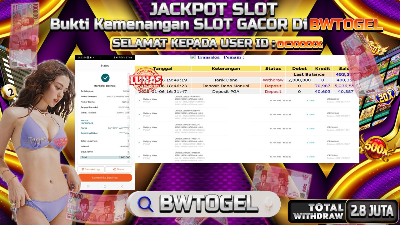 BUKTI JACKPOT SLOT MAHJONG WAYS TERPERCAYA DI INDONESIA TGL 06-01-2025